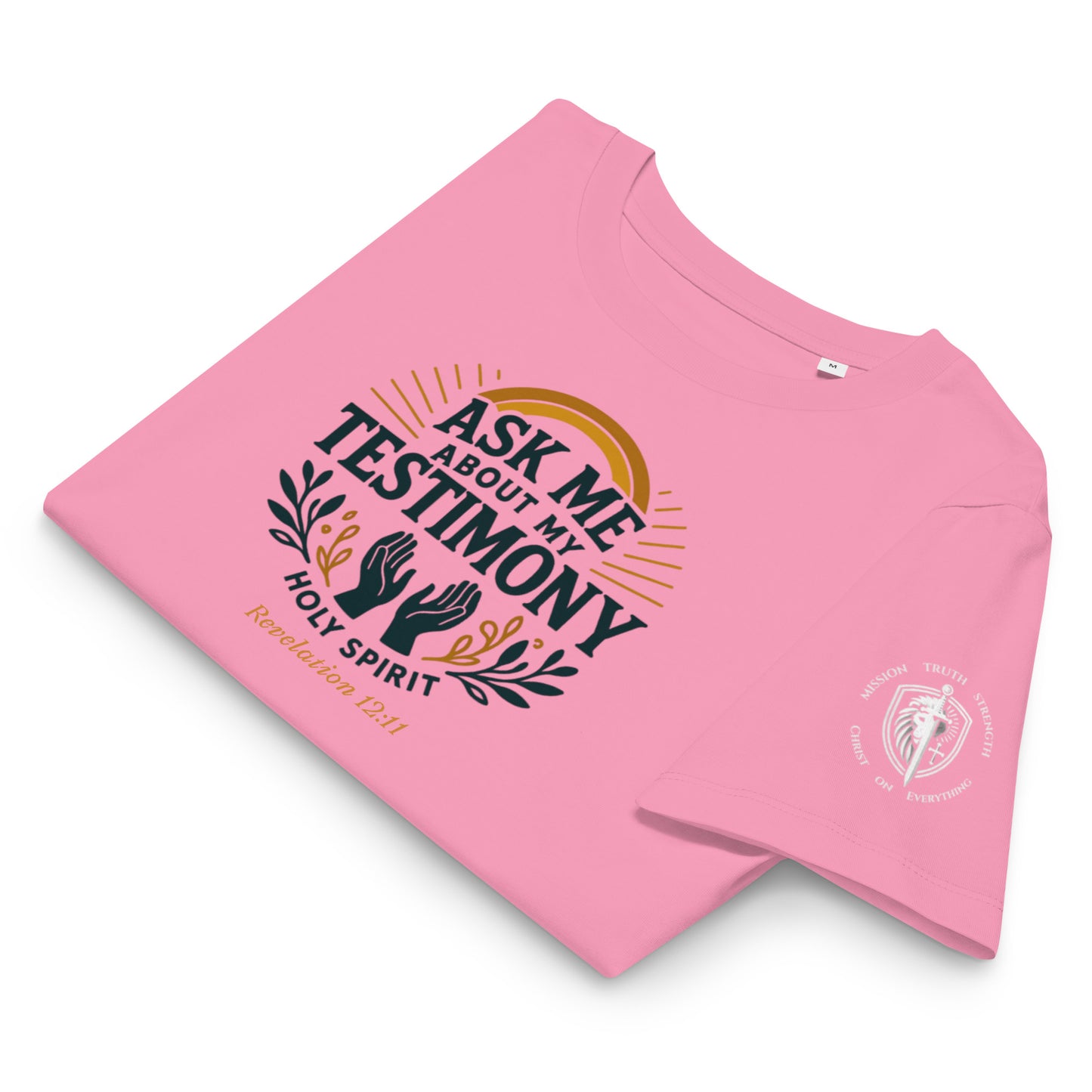 Women’s Organic Ribbed Neck Tee – “Ask Me About My Testimony” (Rev. 12:11)