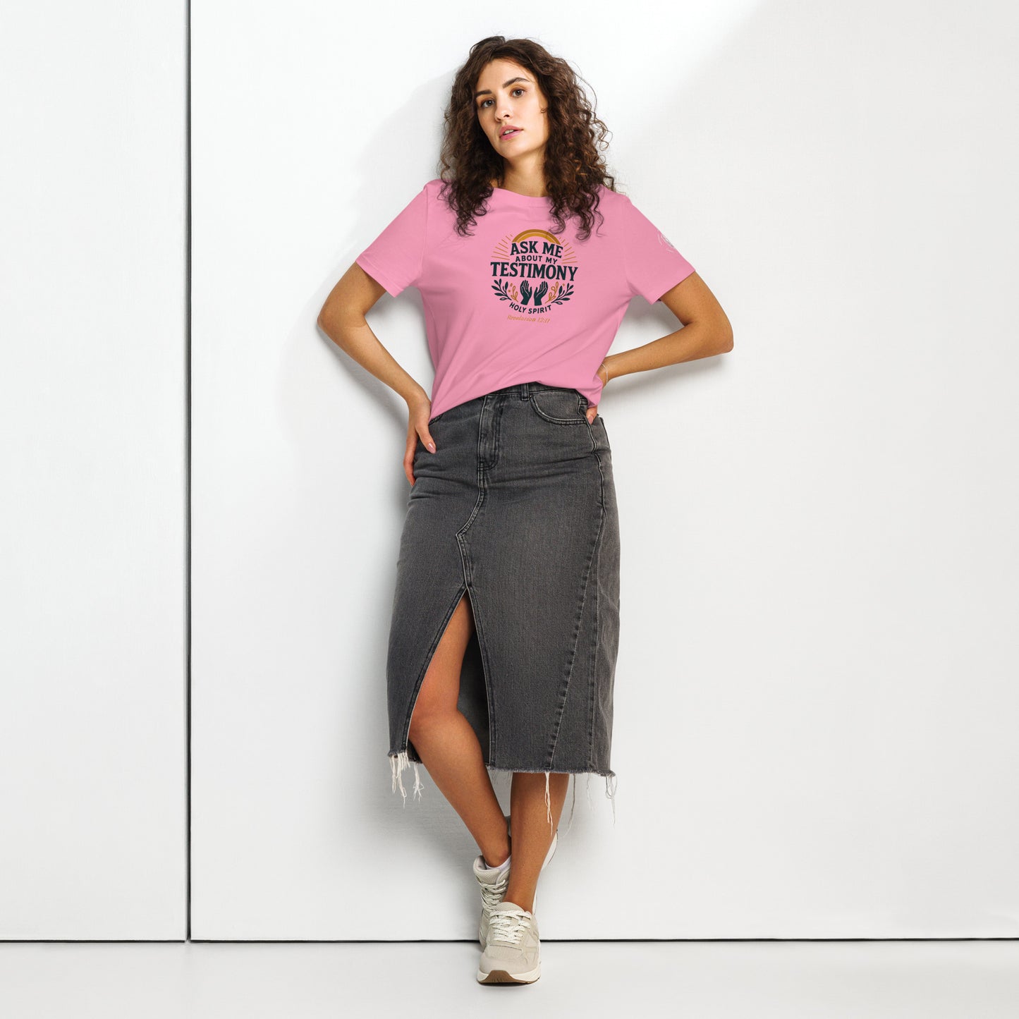 Women’s Organic Ribbed Neck Tee – “Ask Me About My Testimony” (Rev. 12:11)