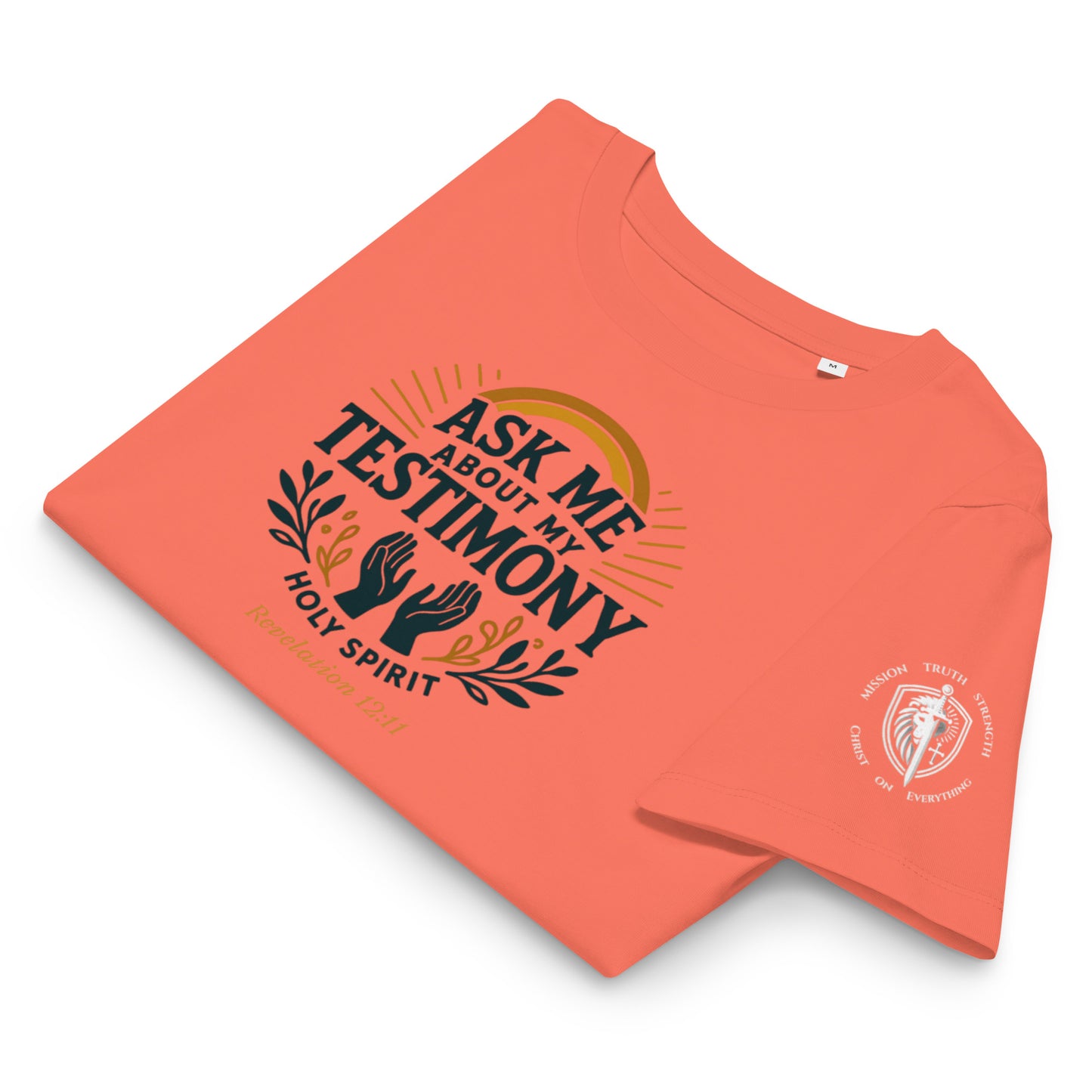 Women’s Organic Ribbed Neck Tee – “Ask Me About My Testimony” (Rev. 12:11)