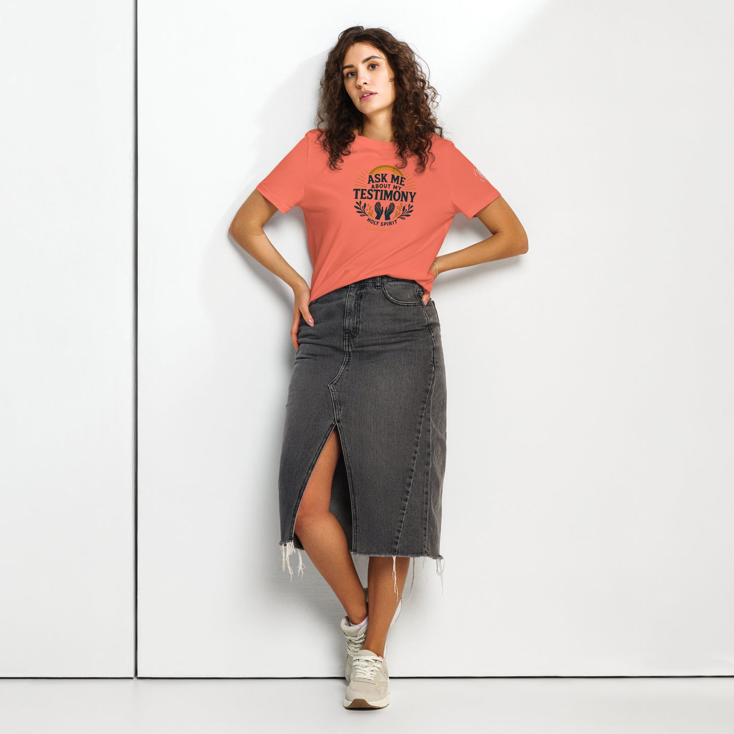 Women’s Organic Ribbed Neck Tee – “Ask Me About My Testimony” (Rev. 12:11)