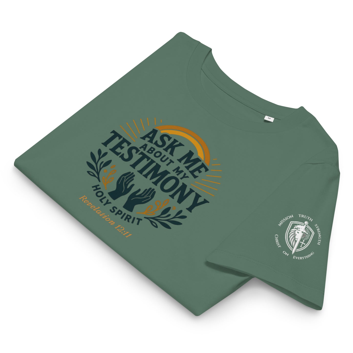 Women’s Organic Ribbed Neck Tee – “Ask Me About My Testimony” (Rev. 12:11)