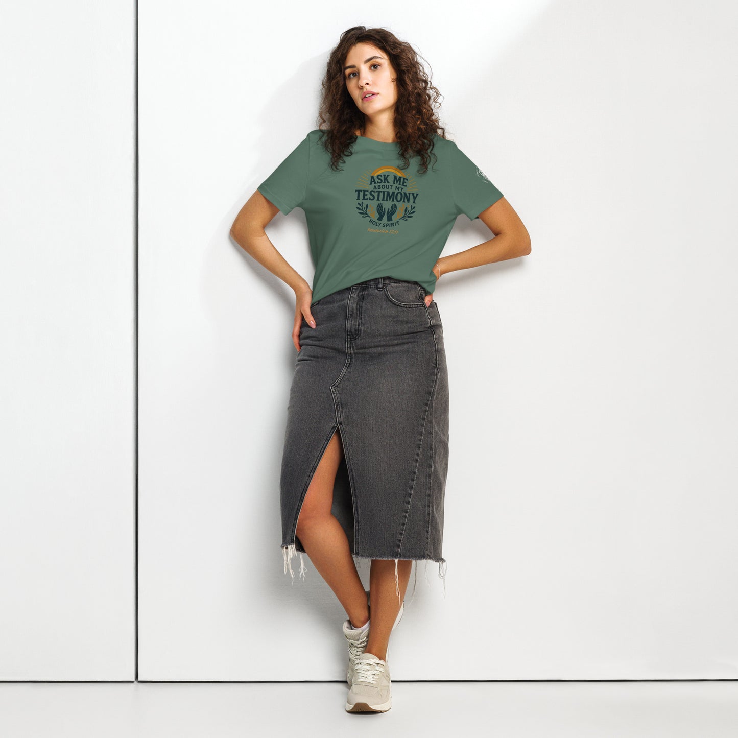 Women’s Organic Ribbed Neck Tee – “Ask Me About My Testimony” (Rev. 12:11)