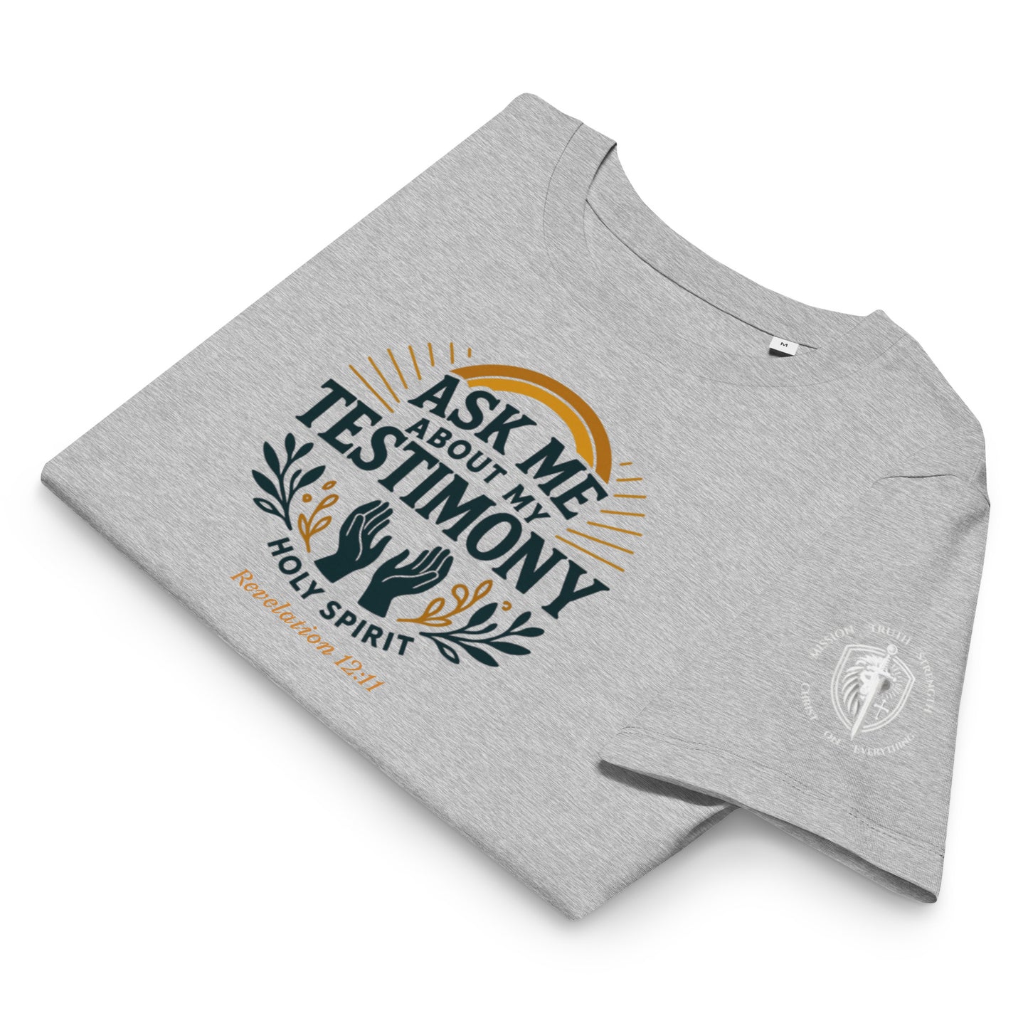 Women’s Organic Ribbed Neck Tee – “Ask Me About My Testimony” (Rev. 12:11)