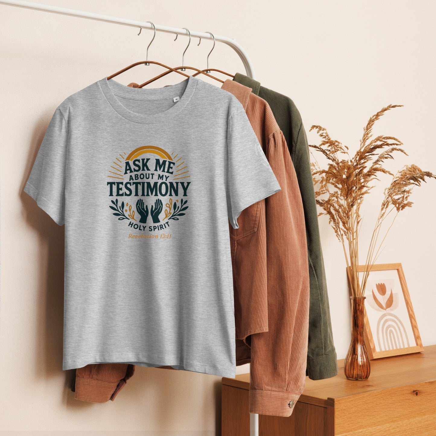 Women’s Organic Ribbed Neck Tee – “Ask Me About My Testimony” (Rev. 12:11)