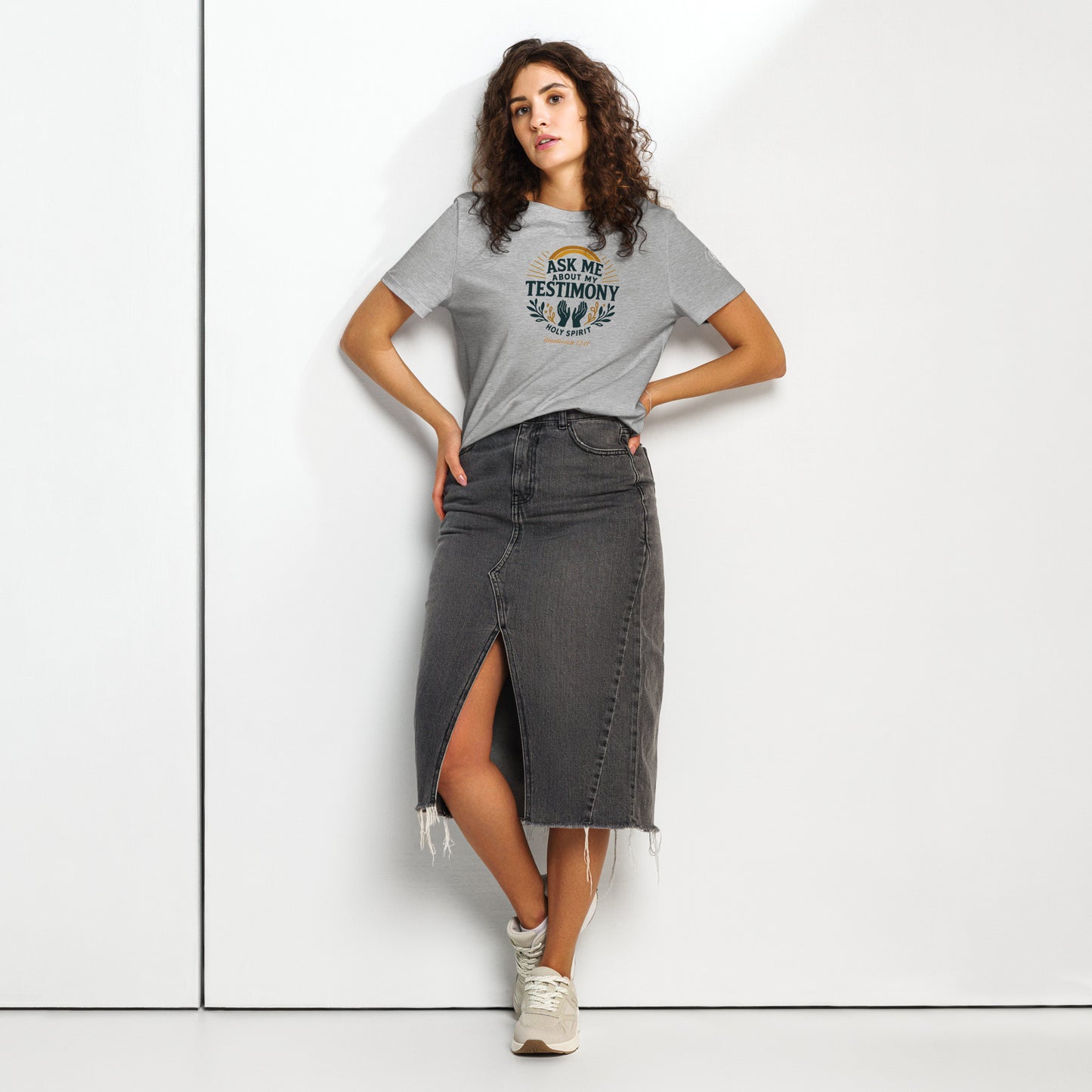 Women’s Organic Ribbed Neck Tee – “Ask Me About My Testimony” (Rev. 12:11)
