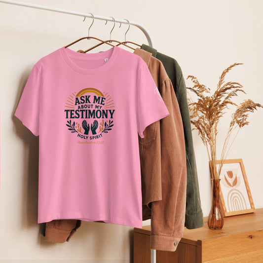 Women’s Organic Ribbed Neck Tee – “Ask Me About My Testimony” (Rev. 12:11)